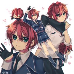 Rule 34 | 10s, 1boy, 8931ponzu, black gloves, boots, chibi, gloves, green eyes, heart, holster, male focus, military, military uniform, multiple views, necktie, open mouth, red hair, scarf, shinano toushirou, shorts, smile, thigh holster, touken ranbu, translation request, uniform