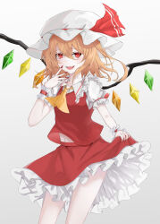 Rule 34 | 1girl, :d, ascot, blonde hair, commentary request, crystal, fingernails, flandre scarlet, frilled skirt, frills, gradient background, grey background, hat, hat ribbon, highres, kuro wa shinoru, long fingernails, looking at viewer, mob cap, open mouth, red eyes, red nails, red ribbon, red skirt, red vest, ribbon, shirt, short sleeves, skirt, smile, solo, textless version, touhou, vest, white hat, white shirt, wings, wrist cuffs, yellow ascot
