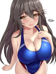 Rule 34 | 1girl, black hair, blue one-piece swimsuit, blush, breasts, brown eyes, competition swimsuit, covered navel, cowboy shot, dated, hair between eyes, hair ornament, hairband, hairclip, haruna (kancolle), headgear, highres, kantai collection, large breasts, long hair, looking at viewer, montemasa, nontraditional miko, one-piece swimsuit, open mouth, simple background, smile, solo, swimsuit, twitter username, white background