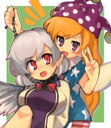 Rule 34 | 2girls, aba am, american flag dress, american flag legwear, bad id, bad pixiv id, blush, blush stickers, bow, bowtie, chain, clownpiece, collar, dress, fairy wings, green background, hat, jester cap, kishin sagume, long hair, long sleeves, looking at another, looking at viewer, looking up, multiple girls, open mouth, orange hair, pantyhose, pink eyes, pointy ears, purple dress, red eyes, short hair, short sleeves, silver hair, single wing, smile, star (symbol), striped, sweat, tears, touhou, v, vest, wings