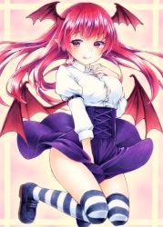 Rule 34 | 1girl, arm garter, bad id, bad pixiv id, belt, black footwear, blouse, breasts, buttons, demon wings, funnyfunny, head wings, high-waist skirt, highres, juliet sleeves, koakuma, long hair, long sleeves, marker (medium), medium breasts, meme attire, mixed media, over-kneehighs, pointy ears, puffy sleeves, purple skirt, red eyes, red hair, shirt, shoes, skirt, skirt tug, solo, striped clothes, striped thighhighs, thighhighs, thighs, tongue, tongue out, touhou, traditional media, virgin killer outfit, white shirt, wings