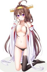 Rule 34 | 10s, 1girl, bare shoulders, black panties, blush, breasts, brown hair, cleavage, convenient censoring, cup, fingernails, hair censor, highres, kantai collection, kneeling, kongou (kancolle), long hair, looking at viewer, nail polish, navel, open mouth, panties, purple eyes, simple background, single thighhigh, smile, solo, spill, thighhighs, underwear, white background, yoye (pastel white)