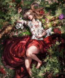 Rule 34 | 1girl, baraba baba, barefoot, braid, deer, dress, flower, forest, frilled dress, frills, from above, highres, long hair, looking at viewer, lying, nature, original, ribbon, single braid, squirrel