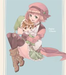 Rule 34 | 1boy, 1girl, :d, atelier (series), atelier elkrone, bad id, bad pixiv id, black thighhighs, blue background, bow, brown eyes, brown hair, colored eyelashes, copyright name, frills, full body, green eyes, hat, hetero, highres, hug, jacket, meriel (atelier), open mouth, panties, pantyshot, popote (atelier), ribbon, shoes, short hair, sitting, size difference, skirt, smile, sora-com1, thighhighs, underwear, upskirt