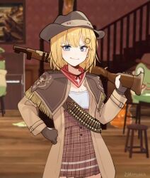 Rule 34 | bandolier, blonde hair, blue eyes, blurry, bowler hat, breasts, brown coat, brown gloves, capelet, cleavage, coat, commentary, cowboy hat, cowboy shot, depth of field, english commentary, fringe trim, gloves, gun, hair ornament, hand on own hip, hat, high-waist skirt, highres, holding, holding weapon, hololive, hololive english, investigator (amelia watson), mittsu, mole, mole on breast, monocle, neckerchief, over shoulder, painting (object), partially fingerless gloves, pleated skirt, red neckerchief, rifle, rifle cartridge, saloon, shirt, signature, skirt, small breasts, smile, stairs, stool, tweed, upright piano, virtual youtuber, watson amelia, weapon, weapon over shoulder, white shirt, wooden floor