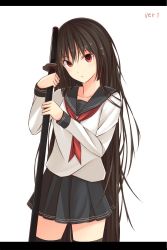 Rule 34 | 1girl, bad id, bad twitter id, black hair, black thighhighs, character request, copyright request, kanpyo (hghgkenfany), katana, letterboxed, long hair, looking at viewer, neckerchief, pleated skirt, red eyes, school uniform, serafuku, skirt, solo, sword, thighhighs, very long hair, weapon, white background, zettai ryouiki