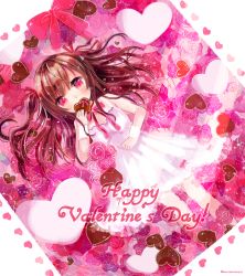 Rule 34 | 1girl, bare shoulders, blush, breasts, brown hair, candy, chocolate, chocolate heart, cleavage, commentary request, covered mouth, dress, dutch angle, food, happy valentine, heart, highres, holding, holding chocolate, holding food, kohaku muro, long hair, looking at viewer, lying, on back, original, pink ribbon, red eyes, ribbon, sleeveless, sleeveless dress, small breasts, solo, twitter username, valentine, white dress