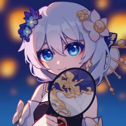 Rule 34 | 1girl, bare shoulders, black dress, blue eyes, blue flower, blurry, blurry background, closed mouth, commentary request, depth of field, dress, eyebrows hidden by hair, flower, grey hair, hair between eyes, hair flower, hair ornament, hand up, highres, holding, honkai (series), honkai impact 3rd, long hair, looking at viewer, qiu youyou, sleeveless, sleeveless dress, smile, solo, theresa apocalypse, zhuge kongming (honkai impact), upper body, white flower, zhuge kongming (honkai impact)