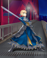 Rule 34 | 1girl, akira (5888172), armor, armored dress, artoria pendragon (fate), blonde hair, boots, bridge, dress, artistic error, excalibur (fate/stay night), fate/stay night, fate (series), fence, green eyes, highres, lamppost, railing, sabaton, saber (fate), serious, solo, sword, weapon