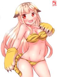 Rule 34 | 10s, 1girl, :d, animal ears, animal hands, animal print, bandeau, bare shoulders, bikini, black ribbon, blonde hair, blush, breasts, collarbone, dated, fang, gloves, gradient hair, hair flaps, hair ornament, hair ribbon, hairclip, highres, kanon (kurogane knights), kantai collection, long hair, looking to the side, medium breasts, messy hair, multicolored hair, navel, open mouth, paw gloves, red eyes, ribbon, simple background, smile, solo, strapless, strapless bikini, swimsuit, tail, thighs, tiger paws, tiger print, tiger tail, white background, yuudachi (kancolle), yuudachi kai ni (kancolle)