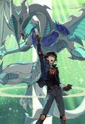 Rule 34 | 1boy, absurdres, arm up, black hair, black shirt, blue eyes, blue jacket, brown footwear, brown gloves, bum hico, card, dragon, duel monster, fudo yusei, full body, gloves, grey pants, highres, holding, holding card, jacket, male focus, multicolored hair, open clothes, open jacket, open mouth, pants, print shirt, purple background, shirt, solo, standing, stardust dragon, streaked hair, trading card, western dragon, yu-gi-oh!, yu-gi-oh! 5d&#039;s