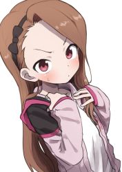 Rule 34 | 1girl, blush, bow, brown hair, commentary, dutch angle, forehead, furrowed brow, gazacy (dai), hair bow, hairband, highres, hood, hood down, hooded jacket, idolmaster, idolmaster (classic), idolmaster platinum stars, jacket, long hair, long sleeves, looking at viewer, minase iori, open clothes, open jacket, pink jacket, portrait, red eyes, shirt, simple background, sleeves past wrists, solo, sweatdrop, white background, white shirt