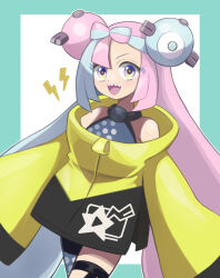 Rule 34 | 1girl, :d, border, character hair ornament, commentary request, creatures (company), game freak, green border, green hair, grey shirt, hair ornament, happy, iono (pokemon), jacket, kirara (hitominak3), lightning bolt symbol, long hair, looking at viewer, nintendo, open mouth, pink hair, pokemon, pokemon sv, sharp teeth, shirt, sleeveless, sleeveless shirt, smile, solo, star (symbol), star print, teeth, thigh strap, tongue, twintails, upper teeth only, white background, yellow jacket