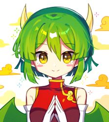 Rule 34 | 1girl, absurdres, blush, breasts, character name, closed mouth, draco centauros, dragon girl, dragon horns, dragon wings, dress, elbow gloves, gloves, green hair, highres, horns, looking at viewer, medium breasts, offbeat, pointy ears, puyopuyo, red dress, short hair, sleeveless, sleeveless dress, smile, solo, upper body, white gloves, wings