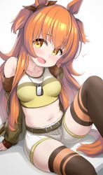 Rule 34 | 1girl, :d, animal ears, belt, black thighhighs, blush, bow, breasts, brown belt, brown ribbon, commentary request, ear ribbon, highres, horse ears, horse girl, horse tail, kibihimi, mayano top gun (umamusume), medium breasts, midriff, navel, open mouth, ribbon, shorts, simple background, sitting, smile, solo, tail, thighhighs, thighs, umamusume, white background, white shorts, yellow eyes
