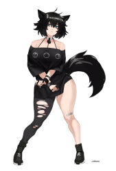 Rule 34 | 1girl, androgynous, animal ears, bandaid, bare shoulders, blue eyes, bracelet, breasts, choker, collarbone, full body, ginjimayoshima, goth fashion, highres, jewelry, large breasts, looking at viewer, messy hair, raine (zana), ring, shoes, short hair, shorts, slit, solo, tail, thick eyebrows, thick thighs, thighs, white background, wolf ears, wolf girl, wolf tail