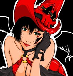 Rule 34 | 1girl, black hair, blue eyes, breasts, choker, cleavage, detached sleeves, fingerless gloves, gloves, guilty gear, hat, i-no, lipstick, looking at viewer, makeup, mini wings, mole, nail polish, nyanta (rinngo18), red hat, short hair, smile, solo, upper body, wings, witch hat