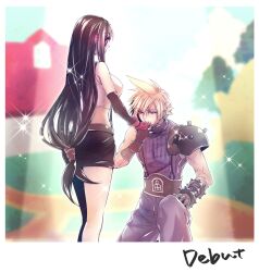 Rule 34 | 1boy, 1girl, armor, bare legs, bare shoulders, black gloves, black hair, black skirt, blonde hair, blue eyes, blurry, blurry background, blush, breasts, brown gloves, cloud strife, crop top, ear blush, earrings, elbow gloves, english text, final fantasy, final fantasy vii, fingerless gloves, gloves, gold saucer, indoors, jewelry, kiss, kissing hand, large breasts, long hair, looking at another, low-tied long hair, minato (ct 777), miniskirt, on one knee, red eyes, red gloves, ribbed sweater, shoulder armor, sidelocks, single bare shoulder, skirt, sleeveless, sleeveless turtleneck, sparkle, spiked hair, spotlight, stage, stage lights, suspender skirt, suspenders, sweater, tank top, tifa lockhart, turtleneck, turtleneck sweater, white tank top