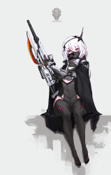 Rule 34 | 1girl, arm cannon, bayonet, cloak, cyborg, full body, gas mask, grey background, gun, headgear, high collar, highres, long hair, looking at viewer, mask, original, pink eyes, prosthesis, prosthetic arm, rifle, simple background, sitting, solo, thighhighs, weapon, white hair, wide hips, wookyung