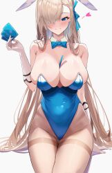 Rule 34 | 1girl, animal ears, arm support, asuna (blue archive), asuna (bunny) (blue archive), asymmetrical bangs, between breasts, blue archive, blue eyes, blue leotard, blush, bow, bowtie, breasts, card, card between breasts, cleavage, closed mouth, collarbone, conconcon1031, curvy, detached collar, fake animal ears, gloves, hair over one eye, highleg, highleg leotard, highres, holding, holding card, huge breasts, large breasts, leotard, light brown hair, long hair, looking at viewer, mole, mole on breast, official alternate costume, pantyhose, playboy bunny, rabbit ears, revision, sideboob, simple background, sitting, skindentation, solo, thighband pantyhose, very long hair, white background, white gloves, wide hips