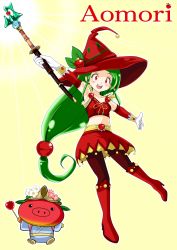 Rule 34 | 1girl, :d, apple, armpits, arms up, bad id, bad pixiv id, bare shoulders, boots, character request, creature, earrings, food, fruit, full body, gloves, green hair, hair ornament, hat, high heels, highres, jewelry, leaf, long hair, looking at viewer, low-tied long hair, midriff, navel, open mouth, original, outstretched arms, pantyhose, red eyes, sheath, shoes, skirt, smile, staff, suegorou (mousou tokkyuu), very long hair, witch hat, yellow background
