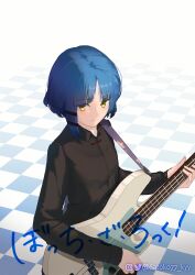 Rule 34 | 1girl, absurdres, black shirt, blue hair, bocchi the rock!, checkered floor, closed mouth, collared shirt, commentary, copyright name, cowboy shot, electric guitar, green eyes, guitar, highres, holding, holding instrument, instrument, long sleeves, looking ahead, satoko77, shirt, short hair, solo, twitter username, yamada ryo