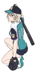 Rule 34 | 1girl, anastasia (idolmaster), ass, baseball bat, baseball cap, baseball glove, baseball jersey, blue eyes, cutoffs, full body, hair between eyes, hat, hokkaido nippon-ham fighters, holding, holding baseball bat, idolmaster, idolmaster cinderella girls, jersey, looking at viewer, looking back, nigou, nippon professional baseball, on one knee, over shoulder, short shorts, short sleeves, shorts, silver hair, simple background, solo, white background