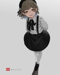 Rule 34 | 1girl, 9k ( 96kb), arms behind back, beret, black hat, black ribbon, black skirt, blue hair, brown eyes, brown hair, character name, collared shirt, colored inner hair, commentary, fangs, flower, from above, grey background, half-closed eyes, hat, hat flower, hatoba tsugu, loafers, long sleeves, looking at viewer, looking up, multicolored hair, neck ribbon, open mouth, pantyhose, ribbon, rose, shadow, shirt, shirt tucked in, shoes, short hair, simple background, skirt, smile, solo, suspender skirt, suspenders, symbol-only commentary, tsugu (vtuber), virtual youtuber, white flower, white pantyhose, white rose, white shirt, youtube logo