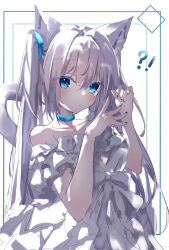 Rule 34 | !?, 1girl, absurdres, animal ears, armpit crease, bare shoulders, blue border, blue choker, blue eyes, blue nails, blush, border, cat ears, cat girl, cat tail, choker, cleavage cutout, closed mouth, clothing cutout, collarbone, cowboy shot, dress, fuia, hair between eyes, hair tie, hands up, highres, long hair, nail polish, off-shoulder dress, off shoulder, original, outside border, paw pose, sidelocks, simple background, sleeveless, sleeveless dress, solo, tail, twintails, white background, white dress, white hair