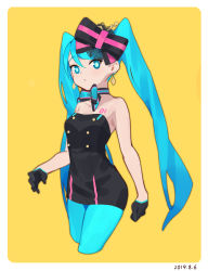 Rule 34 | 1girl, aqua pantyhose, bare arms, bare shoulders, black bow, black dress, black gloves, blue bow, blue eyes, blue hair, blue pantyhose, bow, choker, closed mouth, collarbone, commentary, cropped legs, dated, dress, earrings, from side, gloves, hair between eyes, hair bow, half gloves, hatsune miku, highres, jewelry, long hair, pantyhose, sleeveless, sleeveless dress, solo, strapless, strapless dress, striped, striped bow, striped choker, sunligh mao, twintails, two-tone background, very long hair, vocaloid, white background, yellow background