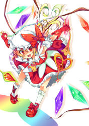 Rule 34 | 1girl, :d, adapted costume, aidumi, ascot, bad id, bad pixiv id, blonde hair, fang, female focus, flandre scarlet, hat, highres, laevatein, magical girl, open mouth, outstretched arms, red eyes, short hair, side ponytail, smile, solo, spread arms, embodiment of scarlet devil, touhou, wings