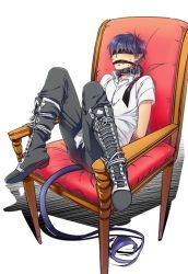 Rule 34 | 1boy, ao no exorcist, bdsm, blindfold, bondage, boots, bound, chair, gag, gagged, male focus, okumura rin, pointy ears, short hair, sitting, solo, tail