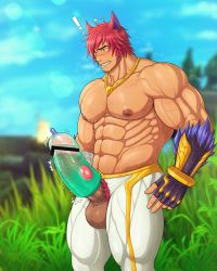 Rule 34 | 1boy, abs, absurdres, animal ears, armpit hair, armpits, bar censor, bara, biceps, blurry, blurry background, bush, censored, chest hair, cloud, cloudy sky, coco342, erection, fingerless gloves, gauntlets, gloves, grass, highres, huge penis, jewelry, large pectorals, league of legends, male focus, manly, mature male, muscular, muscular male, navel, navel hair, necklace, nipple piercing, nipples, outdoors, pants, pectorals, penis, piercing, pubic hair, red hair, scar, scar on face, scar on nose, sett (league of legends), sky, slime (substance), solo, spiked hair, sunlight, sweat, sweatdrop, teeth, testicles, thick arms, thick eyebrows, thick thighs, thighs, tight clothes, veins, veiny arms, veiny penis, yellow eyes