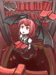 Rule 34 | 1girl, bat wings, book, bookshelf, embodiment of scarlet devil, eyebrows, flying, highres, holding, holding book, koakuma, library, looking up, no pupils, peroponesosu., red background, red eyes, solo, touhou, voile, wings