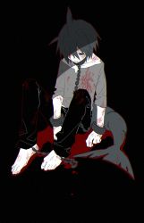 Rule 34 | 1boy, bad end, barefoot, black background, black hair, blood, blood on face, blue eyes, bound, bound ankles, bound wrists, chain, chained, chromatic aberration, collar, cuffs, cuts, film grain, fins, fish tail, funamusea, hair between eyes, hair over one eye, injury, io (sinking=carousel), looking down, male focus, oounabara to wadanohara, samekichi (funamusea), scratches, shackles, shark boy, shark fin, shark tail, solo, spoilers, tail