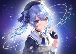 Rule 34 | 1girl, beret, black choker, black gloves, blue eyes, blue hair, blue nails, blush, choker, commentary request, gloves, grey hat, hair between eyes, hat, hololive, hoshimachi suisei, hoshimachi suisei (1st costume), looking at viewer, medium hair, nail polish, partially fingerless gloves, side ponytail, smile, solo, star (symbol), sumisaki yuzuna, upper body, virtual youtuber