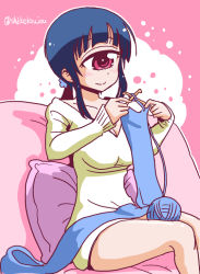 Rule 34 | 1girl, blue hair, blunt bangs, blush, breasts, cleavage, closed mouth, couch, cushion, cyclops, feet out of frame, hands up, hitomi sensei no hokenshitsu, holding, knitting, long hair, long sleeves, manaka hitomi, one-eyed, pink background, pink eyes, ponytail, shake-o, sitting, smile, solo, sweater, twitter username, yarn, yarn ball, yellow sweater