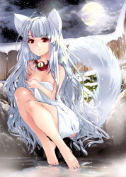 Rule 34 | 1girl, absurdres, animal ears, barefoot, breasts, cleavage, fox ears, fox tail, full body, full moon, gustav (telomere na), highres, long hair, magatama, magatama necklace, medium breasts, moon, naked towel, necklace, night, onsen, original, outdoors, red eyes, silver hair, sitting, sky, snowing, solo, star (sky), starry sky, steam, tail, towel, very long hair, water, white towel