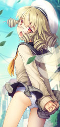 Rule 34 | 1girl, alternate costume, arms behind back, ass, bare legs, bespectacled, black skirt, blonde hair, blue sky, cardigan, chestnut mouth, chima q, contemporary, day, drill hair, fairy wings, from behind, glasses, hat, highres, long hair, long sleeves, looking at viewer, looking back, luna child, miniskirt, outdoors, panties, pantyshot, power lines, red eyes, rimless eyewear, sailor collar, school uniform, serafuku, skirt, skirt tug, sky, sleeves past wrists, solo, touhou, transparent wings, underwear, white hat, white panties, wind, wings, yellow neckwear