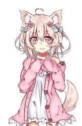 Rule 34 | 1girl, :d, animal ears, blonde hair, cardigan, dress, frilled dress, frills, hair ribbon, momose tsugumi, off shoulder, open cardigan, open clothes, open mouth, original, pink eyes, ribbon, short hair, simple background, smile, solo, tail, transparent background, white background