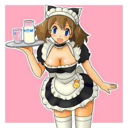 Rule 34 | 1girl, alternate breast size, alternate costume, blue eyes, breasts, brown hair, cleavage, creatures (company), covered erect nipples, game freak, lowres, maid, may (pokemon), milk, nintendo, pokemon, solo, thighhighs, tsumitani daisuke, waitress