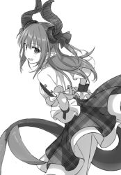 Rule 34 | 10s, 1girl, :d, bad id, bad twitter id, boots, dress, elizabeth bathory (fate), elizabeth bathory (fate/extra ccc), elizabeth bathory (second ascension) (fate), fate/extra, fate/grand order, fate (series), frilled skirt, frills, greyscale, horns, kinosuke (sositeimanoga), monochrome, open mouth, simple background, skirt, smile, standing, tail, white background