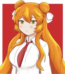 Rule 34 | 1girl, blush, bow, breasts, curly hair, dress shirt, freckles, green eyes, hair ornament, highres, ishmael (project moon), large breasts, leud, limbus company, long hair, looking at viewer, orange hair, project moon, ribbon, shirt, very long hair
