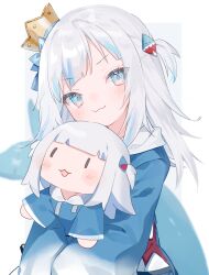 Rule 34 | 1girl, absurdres, blue eyes, blue hair, blush, commentary request, crown, eyes visible through hair, fins, fish tail, gawr gura, gawr gura (1st costume), grey hair, hair ornament, highres, hololive, hololive english, hood, hug, hugging object, looking at viewer, mokyuko, multicolored hair, shark girl, shark hair ornament, shark tail, shirt, smol gura, streaked hair, tail, virtual youtuber