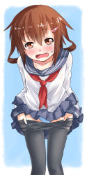 Rule 34 | 10s, 1girl, arai harumaki, blue panties, brown eyes, brown hair, clothes lift, clothes pull, fang, hair ornament, hairclip, ikazuchi (kancolle), kantai collection, looking at viewer, open mouth, panties, pantyhose, pantyhose pull, pantyshot, partially undressed, personification, school uniform, serafuku, short hair, skirt, skirt lift, solo, standing, underwear, undressing