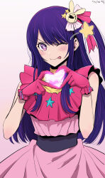 Rule 34 | 1girl, :p, bare shoulders, blush, brooch, dress, frills, gegegekman, gloves, hair ornament, hair ribbon, heart, heart brooch, heart hands, highres, hoshino ai (oshi no ko), idol, idol clothes, jewelry, looking at viewer, multicolored hair, one eye closed, oshi no ko, pink dress, pink gloves, pink hair, pink ribbon, purple eyes, purple hair, rabbit hair ornament, ribbon, side ponytail, sidelocks, signature, sleeveless, smile, solo, star-shaped pupils, star (symbol), symbol-shaped pupils, symbol in eye, tongue, tongue out, white background