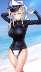 Rule 34 | 10s, 1girl, beach, blonde hair, blue eyes, breasts, commentary request, competition swimsuit, crossed legs, day, graf zeppelin (kancolle), hat, headwear request, jacket, jacket over swimsuit, kantai collection, large breasts, lens flare, one-piece swimsuit, peaked cap, shiny clothes, shiny skin, smile, solo, standing, swimsuit, tight clothes, twintails, untue