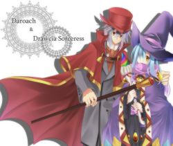 Rule 34 | 1boy, 1girl, bell, blue hair, cape, character name, cloak, coat, daroach, drawcia, formal, gradient hair, grey hair, hat, highres, kirby (series), kirby canvas curse, kirby squeak squad, long hair, looking at viewer, mimuro430, multicolored hair, nintendo, paintbrush, personification, purple hair, short hair, wand, witch, witch hat, yellow eyes