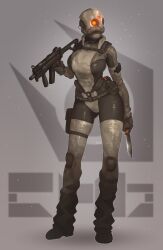 Rule 34 | 1girl, belt pouch, bodysuit, breasts, camouflage, camouflage bodysuit, combine soldier, commentary, english commentary, full body, gas mask, glowing, gun, half-life, half-life (series), half-life 2, highres, holding, holding gun, holding knife, holding weapon, justrube, knife, large breasts, mask, pouch, solo, thigh pouch, weapon