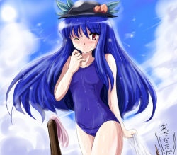 Rule 34 | 1girl, blue hair, female focus, flx, food, fruit, hat, hinanawi tenshi, long hair, one-piece swimsuit, one eye closed, peach, red eyes, school swimsuit, solo, swimsuit, touhou, towel, wet, wink